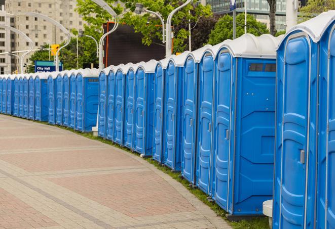 a line of brightly-colored portable restrooms, perfect for outdoor festivals and concerts in Brookline